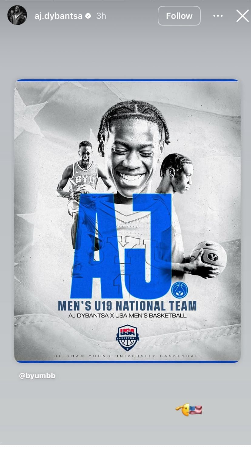 AJ Dybantsa reacts as BYU congratulates $4.1 million NIL-valued star’s inclusion in USA’s U19 national team - Image source: Instagram/aj.dybantsa